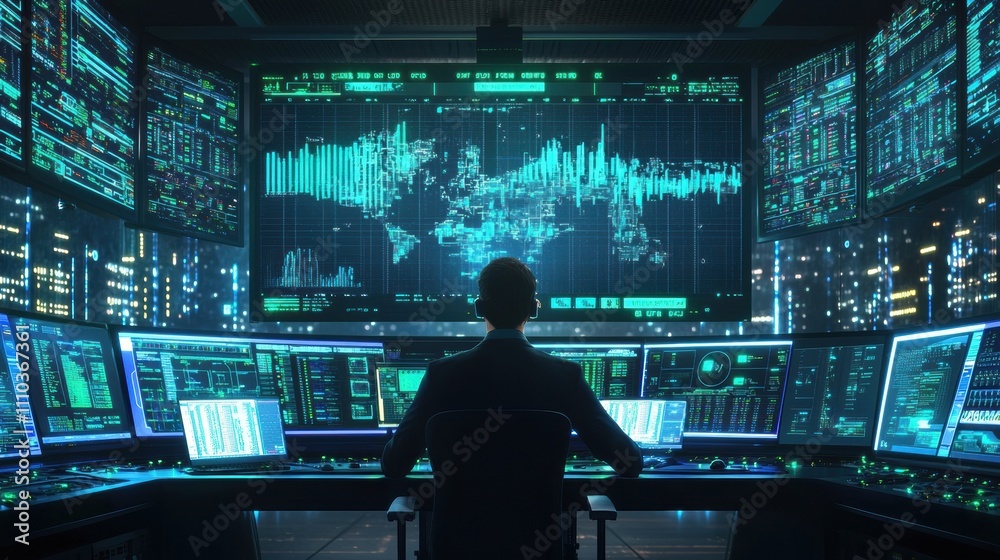 Data analyst technician managing real-time information in gigapixel high fidelity control center urban tech hub environment Data analyst technician managing real-time information in gigapixel high fidelity control center urban tech hub environment
