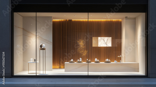 Luxurious storefront display with elegant decor and candles