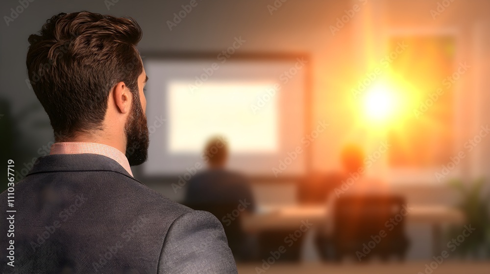 Professional man observing a presentation in a bright room Professional man observing a presentation in a bright room