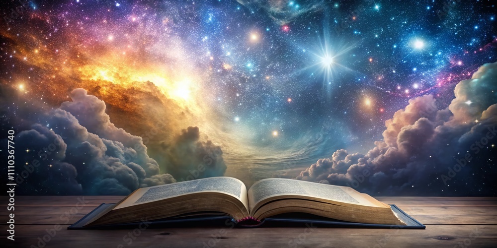 Open Holy Bible Over an Ethereal Universe Sky with Glowing Stars and Cosmic Colors, Symbolizing Spirituality and the Connection Between Heaven and Earth Open Holy Bible Over an Ethereal Universe Sky with Glowing Stars and Cosmic Colors, Symbolizing Spirituality and the Connection Between Heaven and Earth