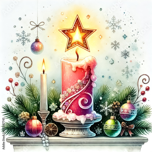 A whimsical candle with a flame shaped like a star, sitting on a mantle.