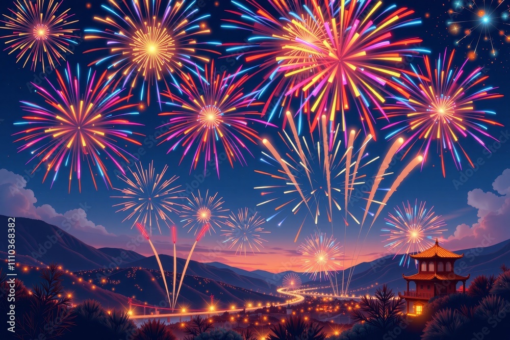 Vibrant fireworks display over mountains and traditional pagoda at dusk Vibrant fireworks display over mountains and traditional pagoda at dusk