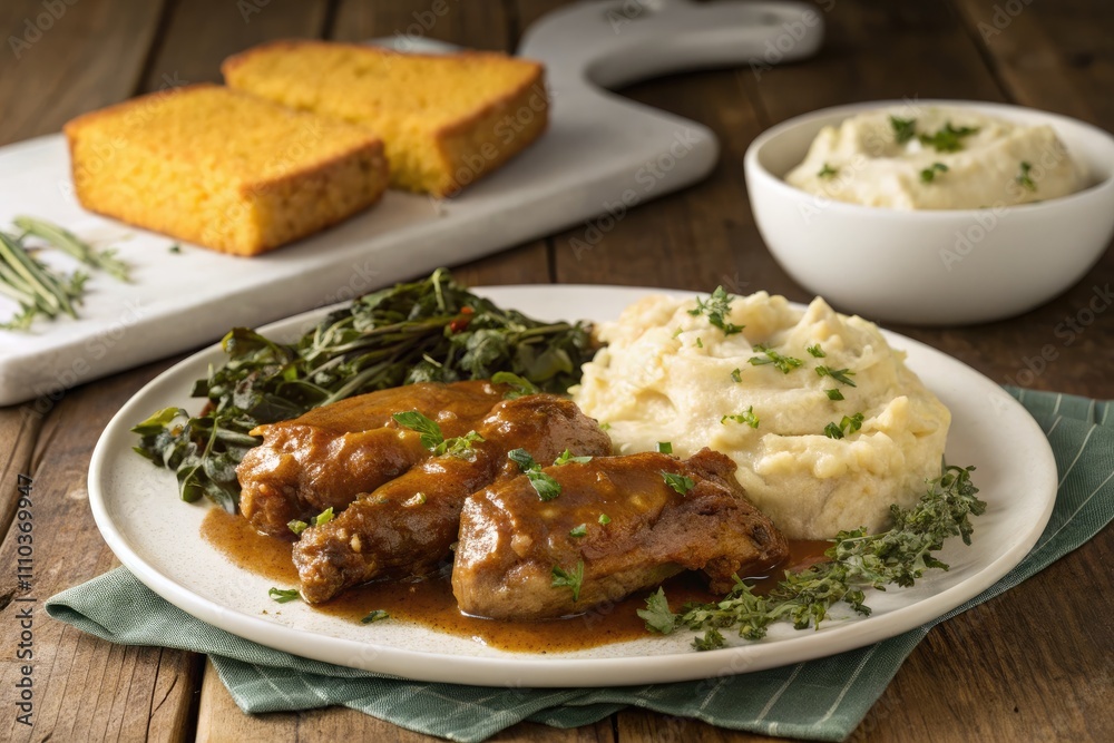 Deliciously Presented Plate of Smothered Turkey With Sides. Generative AI Deliciously Presented Plate of Smothered Turkey With Sides. Generative AI