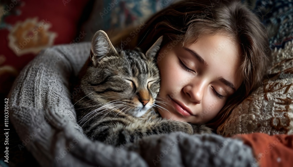 A sleepy domestic gray cat lies on the bed, against the blurred background of a sleeping young woman. A sleepy domestic gray cat lies on the bed, against the blurred background of a sleeping young woman.