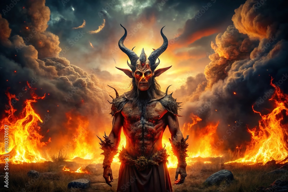 Panoramic View of a Scary Demonic Figure with Horns Surrounded by Fire Flames in a Hellish Background, Perfect for Spooky Halloween Themes and Horror Imagery Panoramic View of a Scary Demonic Figure with Horns Surrounded by Fire Flames in a Hellish Background, Perfect for Spooky Halloween Themes and Horror Imagery