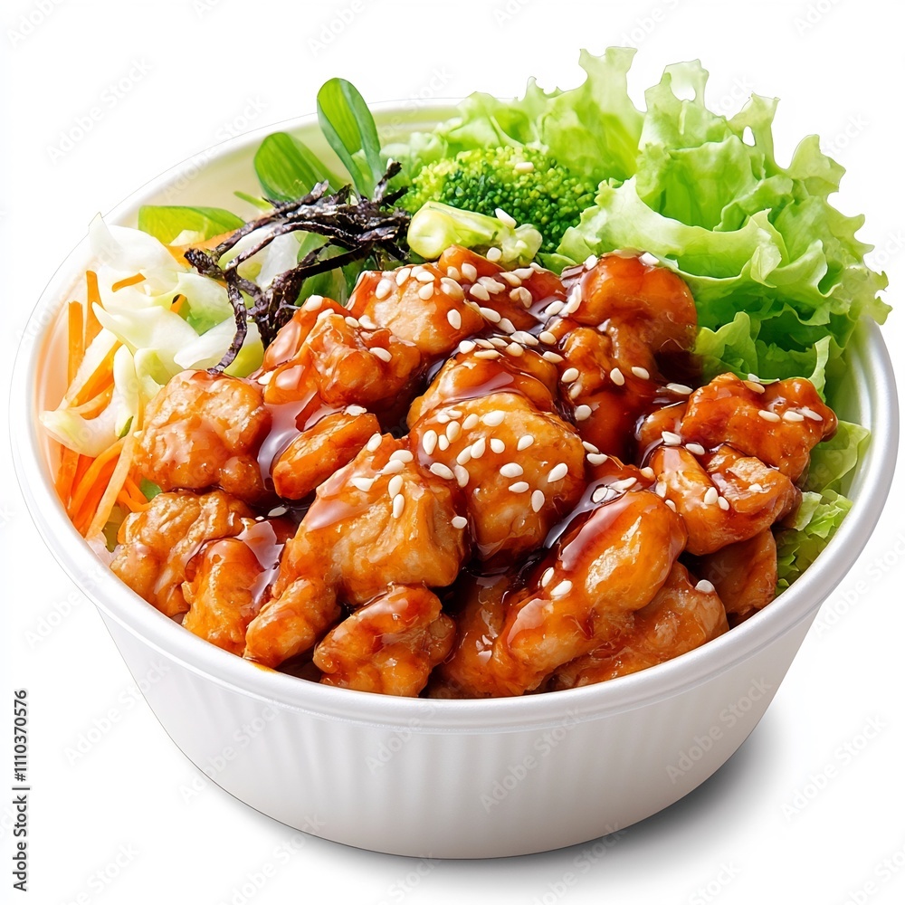 Japanese Side Dish Kiritanpo with Glazed Chicken and Fresh Vegetables on White Background Japanese Side Dish Kiritanpo with Glazed Chicken and Fresh Vegetables on White Background
