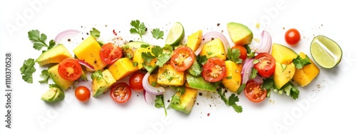 A fresh and zesty mango and avocado salad with cherry tomatoes, red onion, and a cilantro lime dressing