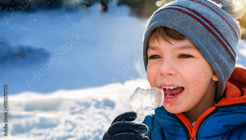 Joyful young boy enjoying an icicle during a sunny winter day in a snowy landscape