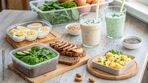 Cozy Kitchen Counter Setup With Healthy Meals and Protein Scale in Focus. Generative AI