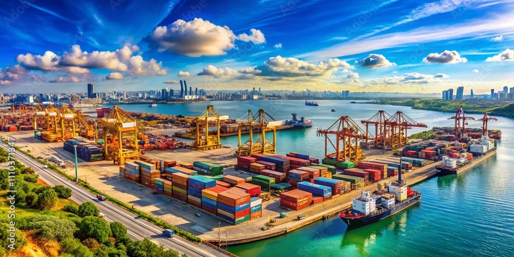 Obraz premium Panoramic View of Nhava Sheva Port: A Bustling Maritime Hub with Cargo Ships, Container Terminals, and Scenic Waterfront Against a Clear Blue Sky