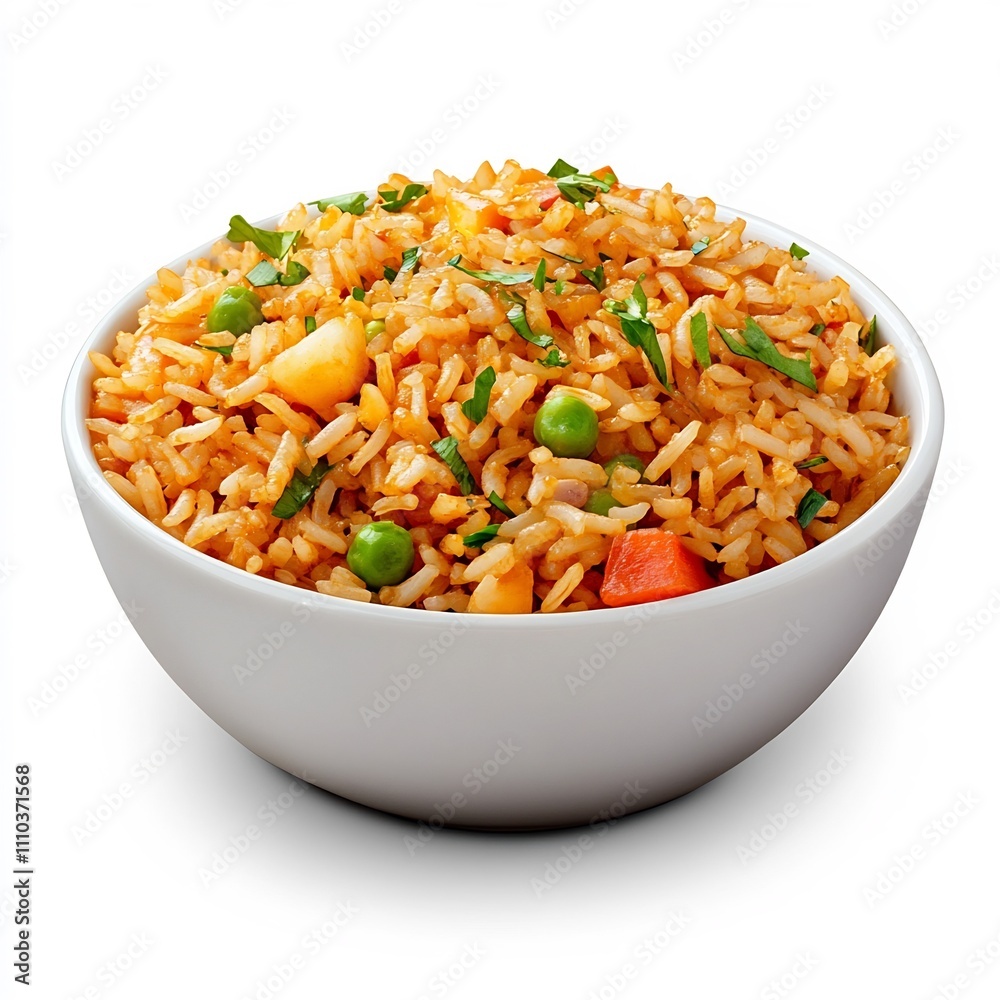 Macro Shot of Savory Dirty Rice Side Dish on White Background Macro Shot of Savory Dirty Rice Side Dish on White Background