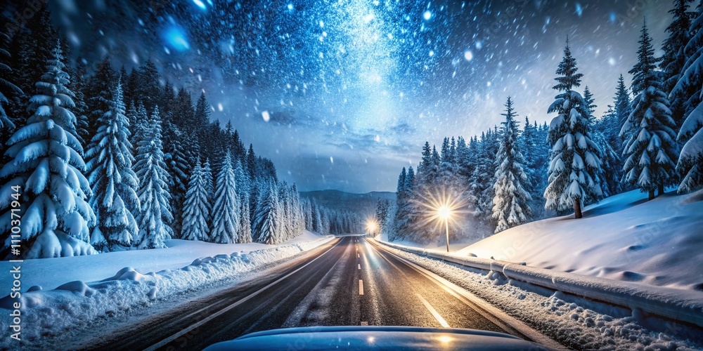 Panoramic Winter Night Road with Snowfall and Blizzard Conditions, Captured from a Vehicle's Front View, Emphasizing Caution for Drivers Amidst Winter Weather Challenges Panoramic Winter Night Road with Snowfall and Blizzard Conditions, Captured from a Vehicle's Front View, Emphasizing Caution for Drivers Amidst Winter Weather Challenges