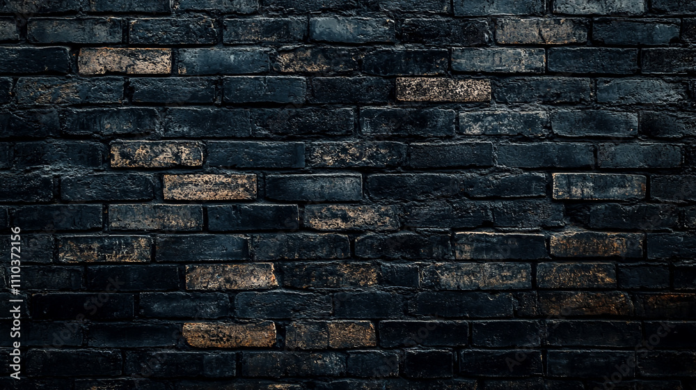 Fototapeta premium Expansive texture of an aged, worn black brick wall. Dark masonry panorama showcasing a gritty, grunge background ideal for stock imagery.