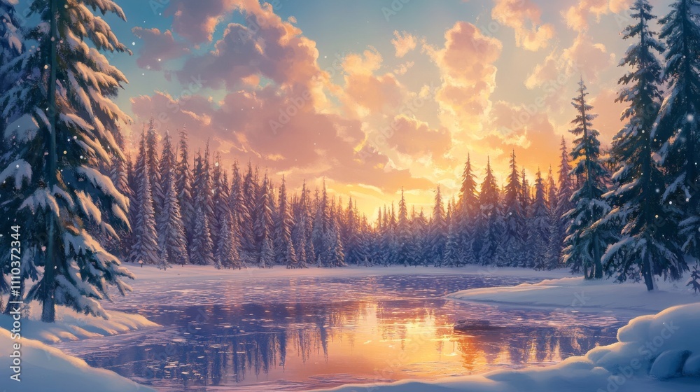 Snowy Pines and Frozen Lake in Golden Light Snowy Pines and Frozen Lake in Golden Light