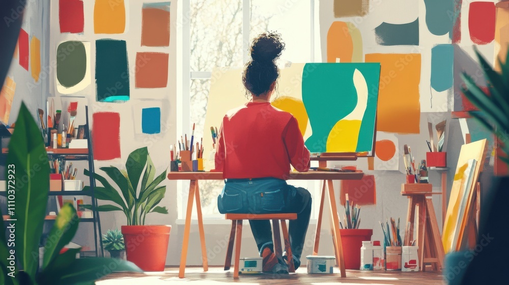 Creative artist works on abstract painting in a vibrant studio filled with colorful decorations Creative artist works on abstract painting in a vibrant studio filled with colorful decorations