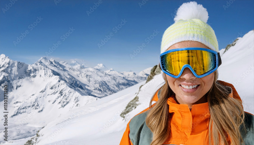 Bright winter jacket contrasts with snowy mountain backdrop as a woman enjoys skiing with reflective goggles on a sunny day Bright winter jacket contrasts with snowy mountain backdrop as a woman enjoys skiing with reflective goggles on a sunny day