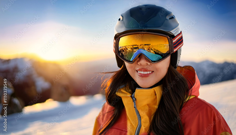 Japanese woman enjoys winter sports in reflective ski goggles against a stunning mountain sunset