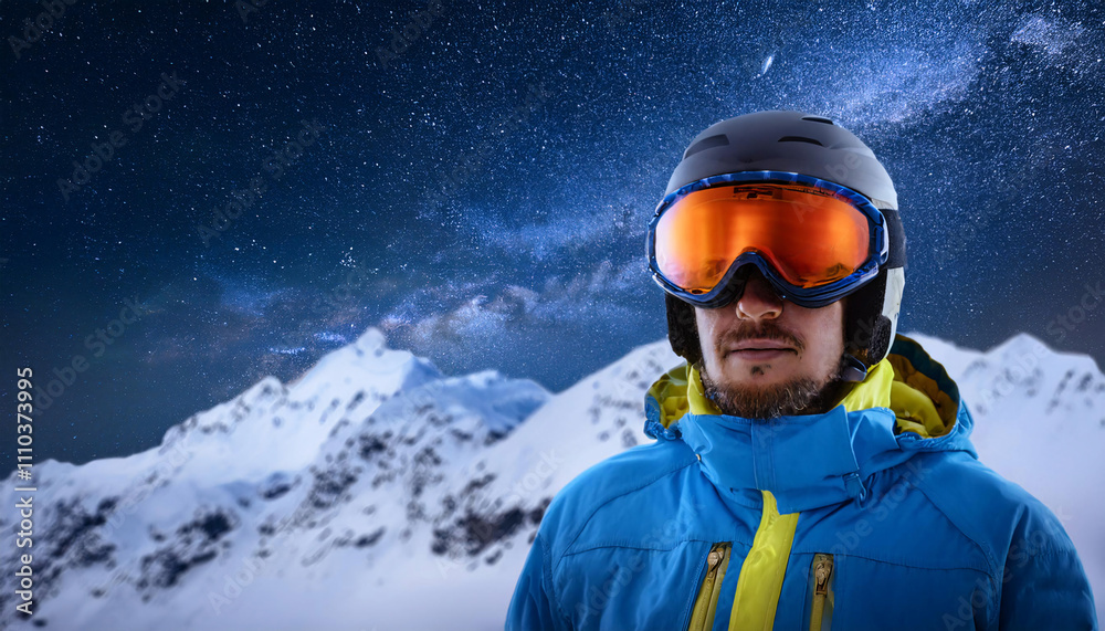 Portrait of a Russian man in bright winter jacket and ski goggles on snow-covered mountain under starry sky at night