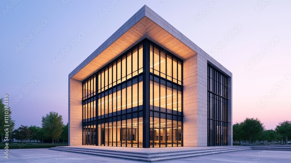 A modern building with large glass windows and a sleek design, illuminated at dusk, surrounded by greenery. A modern building with large glass windows and a sleek design, illuminated at dusk, surrounded by greenery.