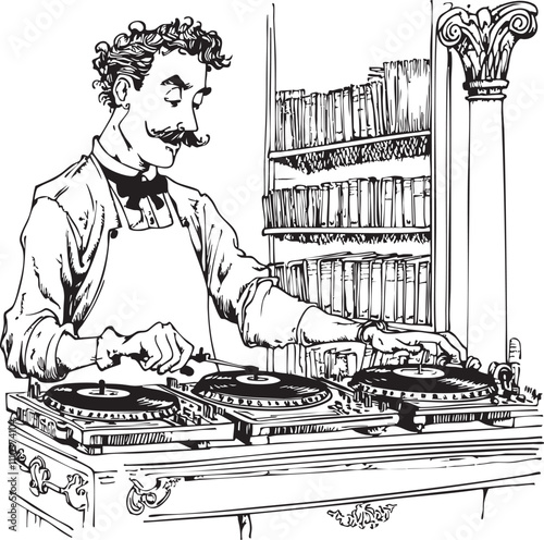 Detailed black-and-white illustration of a vintage-style male DJ with a mustache and apron operating turntables on an ornate table. The background features bookshelves and a classical column, blending