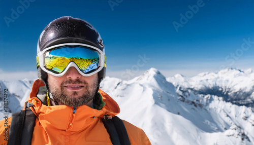 Reflective ski goggles highlight the snowy landscape on a sunny day in the mountains with a Russian man in a bright winter jacket