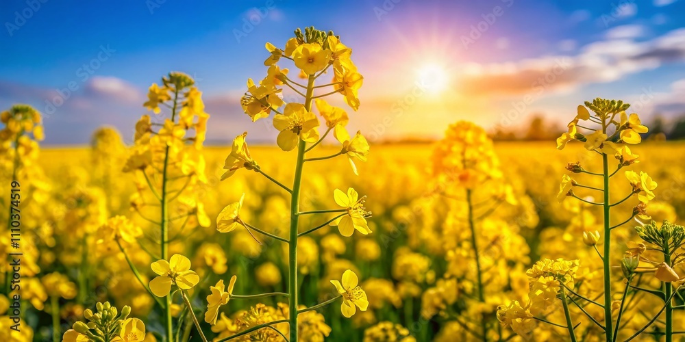 Obraz premium Radiant Rapeseed Fields in Full Bloom Under a Sunny Summer Sky, Isolated Close-Up of Yellow Brassica Napus Flowers with a Blurred Natural Background, Perfect for Agriculture Themes in Europe or Asia