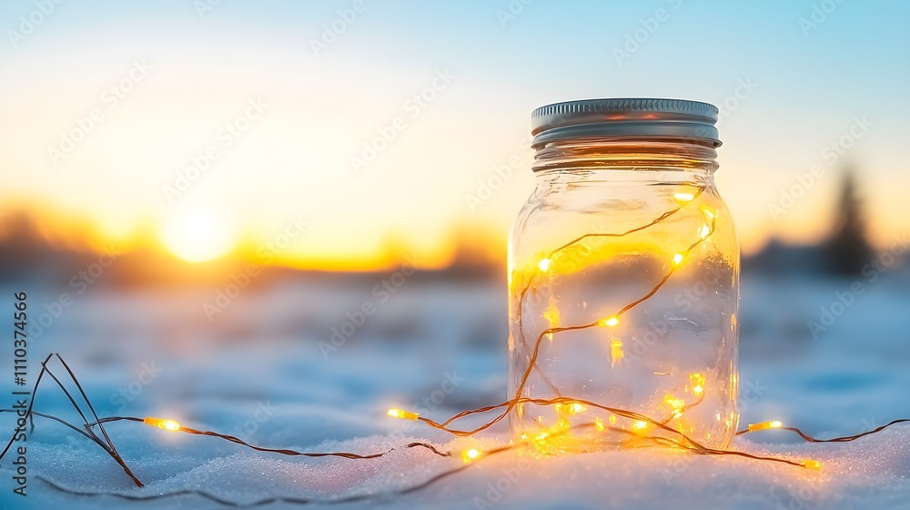 Glowing jar of fairy lights in a snowy landscape at sunset Glowing jar of fairy lights in a snowy landscape at sunset