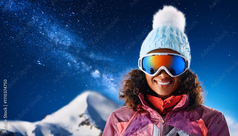 South American woman in bright winter jacket and ski goggles against snowy mountains at night South American woman in bright winter jacket and ski goggles against snowy mountains at night
