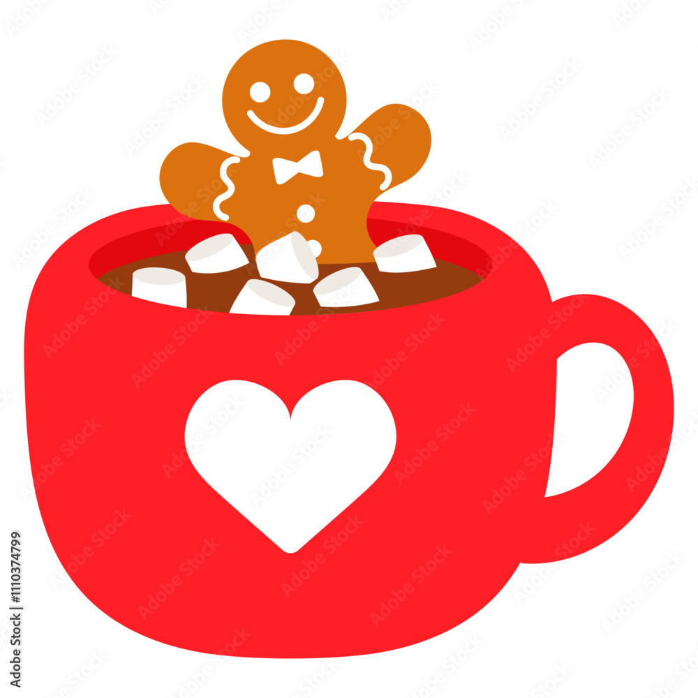 hot chocolate with marshmallow and gingerbread man in a red mug illustration hot chocolate with marshmallow and gingerbread man in a red mug illustration