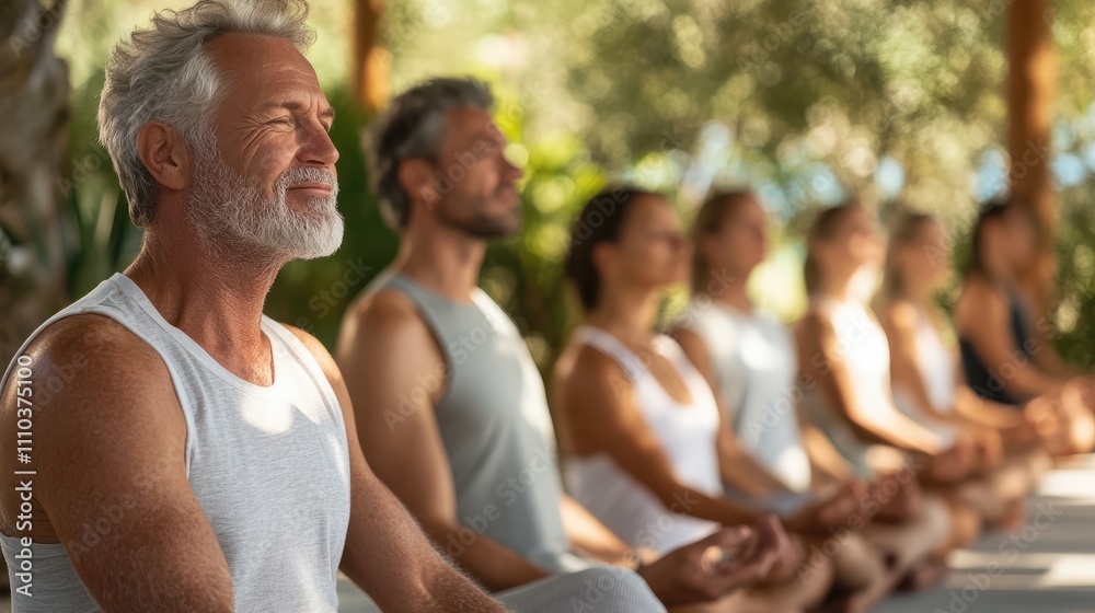 Group Of Mature Men And Women In Class At Outdoor Yoga Retreat Group Of Mature Men And Women In Class At Outdoor Yoga Retreat