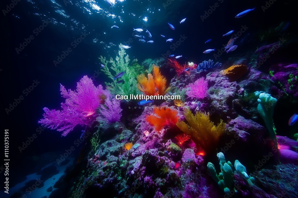 Fototapeta premium A coral reef teeming with colorful fish and glowing bioluminescent plants