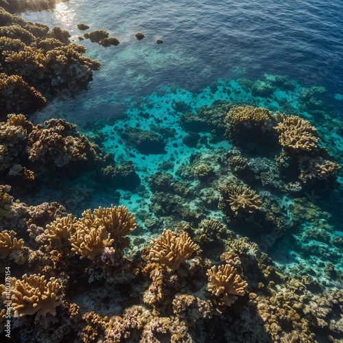 A reef viewed from above with sunlight dancing on its surface.