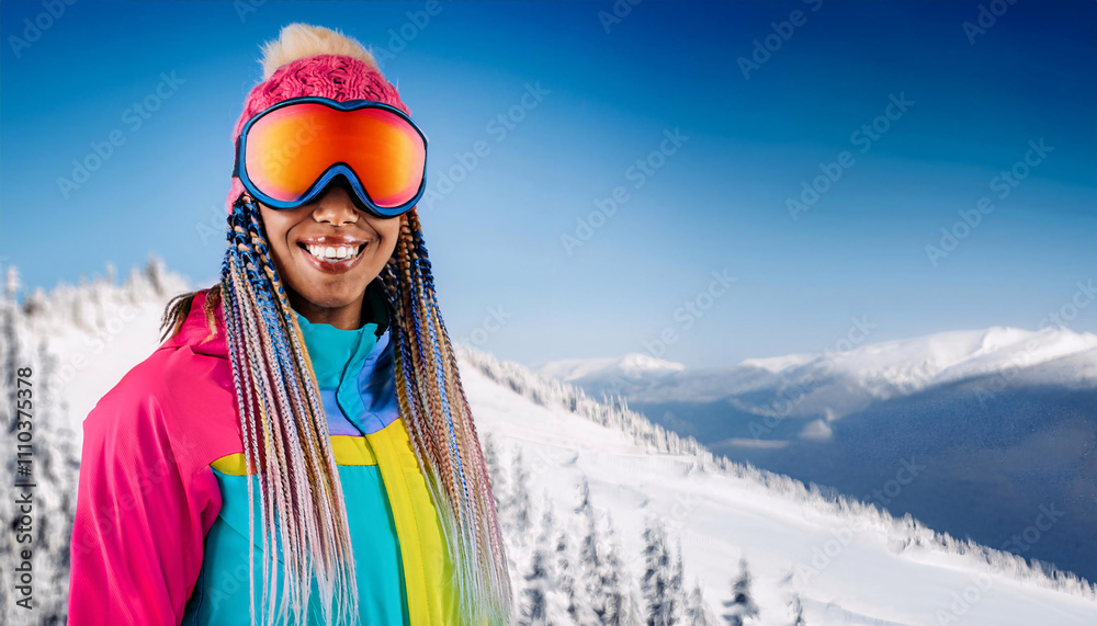 Cheerful woman with colorful braids wearing ski goggles enjoys a sunny day on the slopes in a snowy mountain landscape Cheerful woman with colorful braids wearing ski goggles enjoys a sunny day on the slopes in a snowy mountain landscape