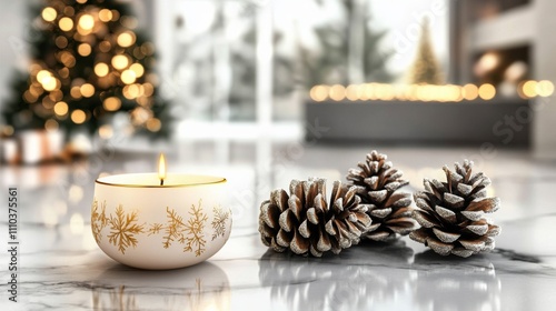 White candle gold design it placed marble countertop Christmas background