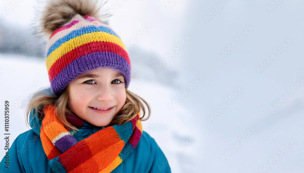 Portrait of a joyful child bundled in a colorful scarf and hat, enjoying a winter day in the snow with rosy cheeks reflecting the cold Portrait of a joyful child bundled in a colorful scarf and hat, enjoying a winter day in the snow with rosy cheeks reflecting the cold