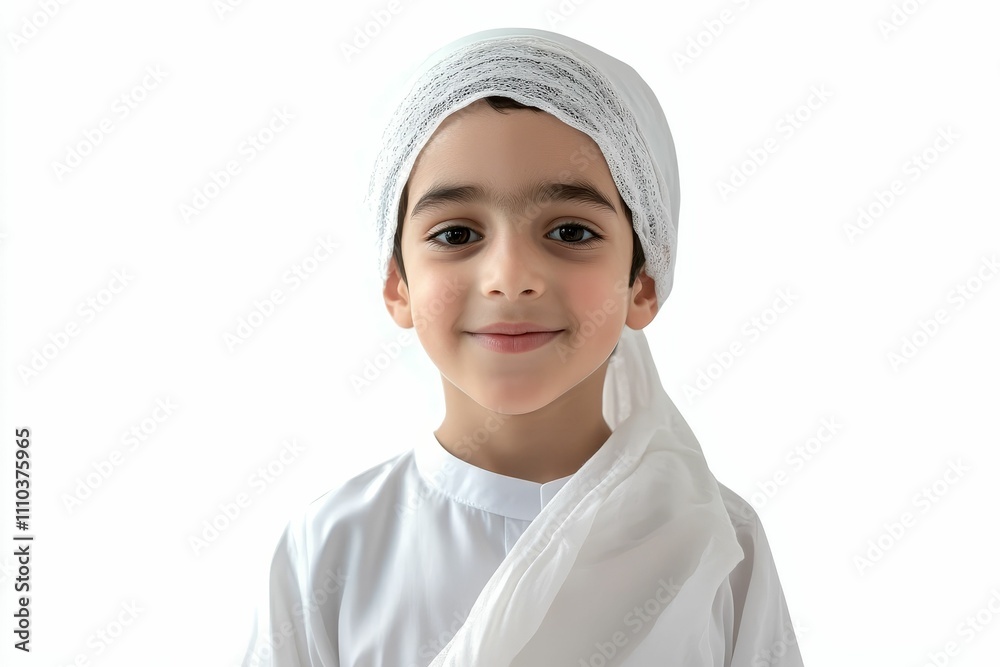 Smiling boy, white clothing, head covering. Smiling boy, white clothing, head covering.