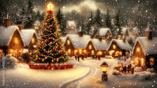 Beautiful Christmas scene snowy village covered snow photo