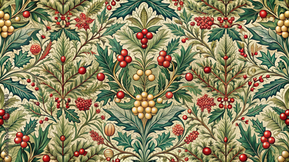 Seamless intricate Pre-Raphaelite style Christmas pattern.Endless floral vintage and winter plant patterns to print on fabric,paper and create timeless and sophisticated atmosphere your projects Seamless intricate Pre-Raphaelite style Christmas pattern.Endless floral vintage and winter plant patterns to print on fabric,paper and create timeless and sophisticated atmosphere your projects