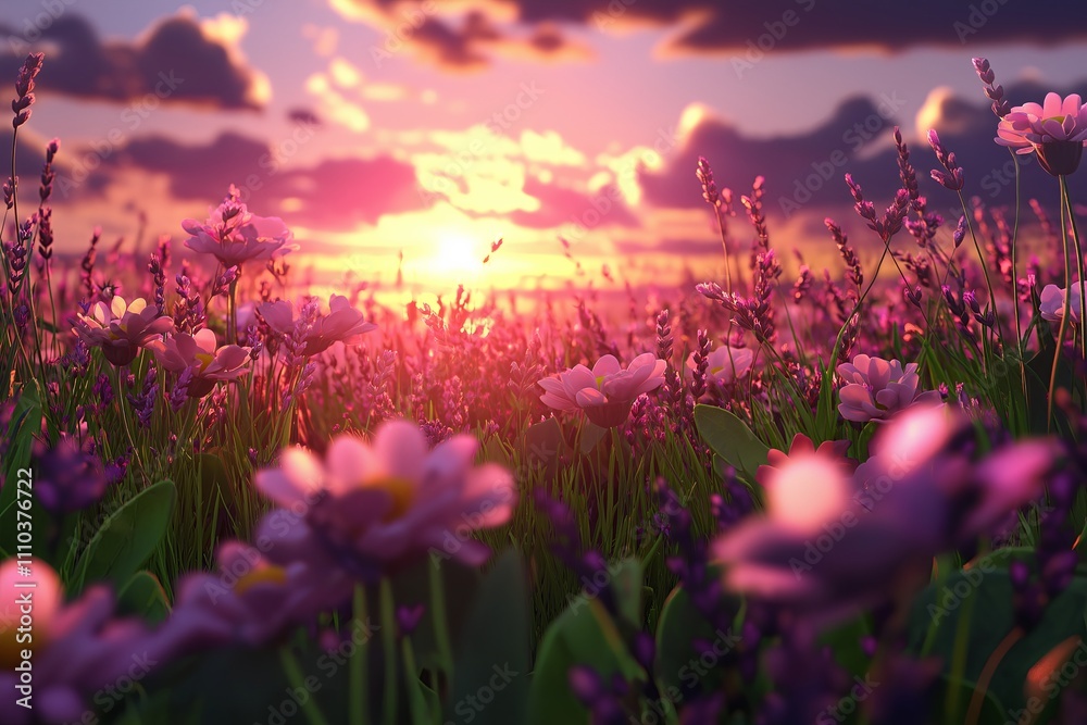 Naklejka premium A field of lavender stretching toward the horizon under a glowing golden sunset
