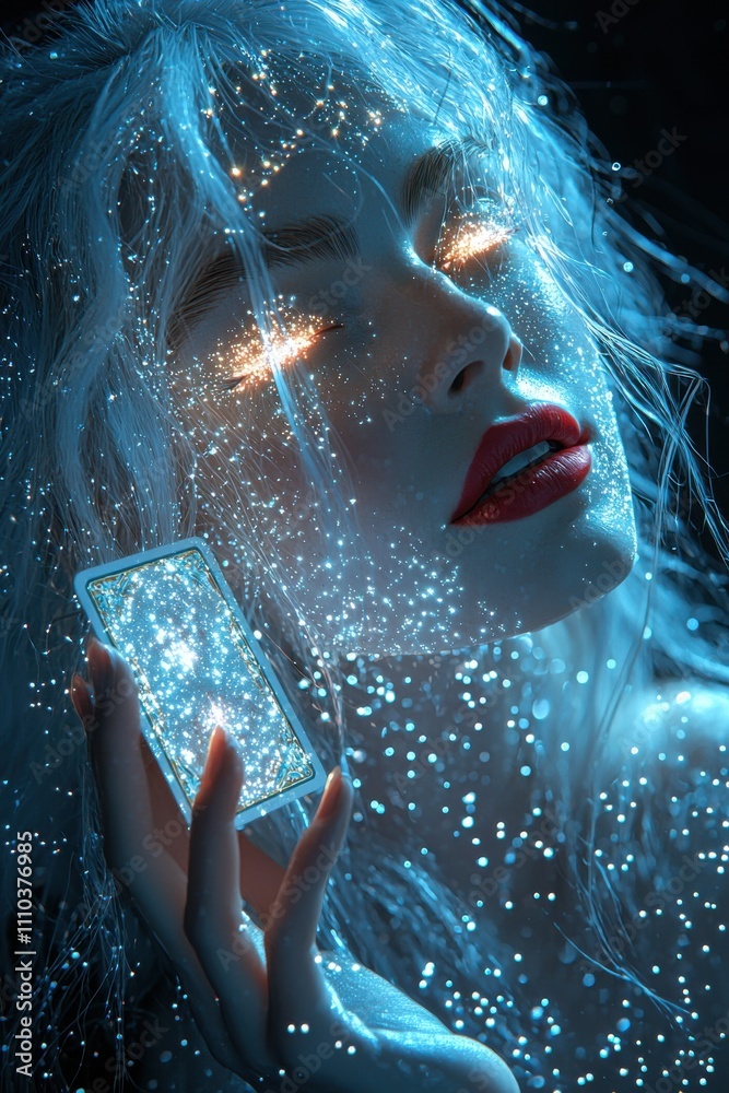 Fototapeta premium Enchanting woman with glowing blue hair and magical lights