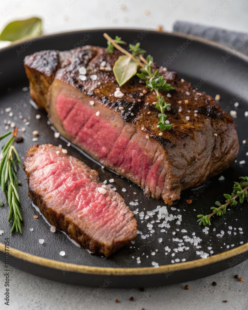 Cooking a New York Strip Steak to Perfection on a Dinner Plate. Generative AI Cooking a New York Strip Steak to Perfection on a Dinner Plate. Generative AI