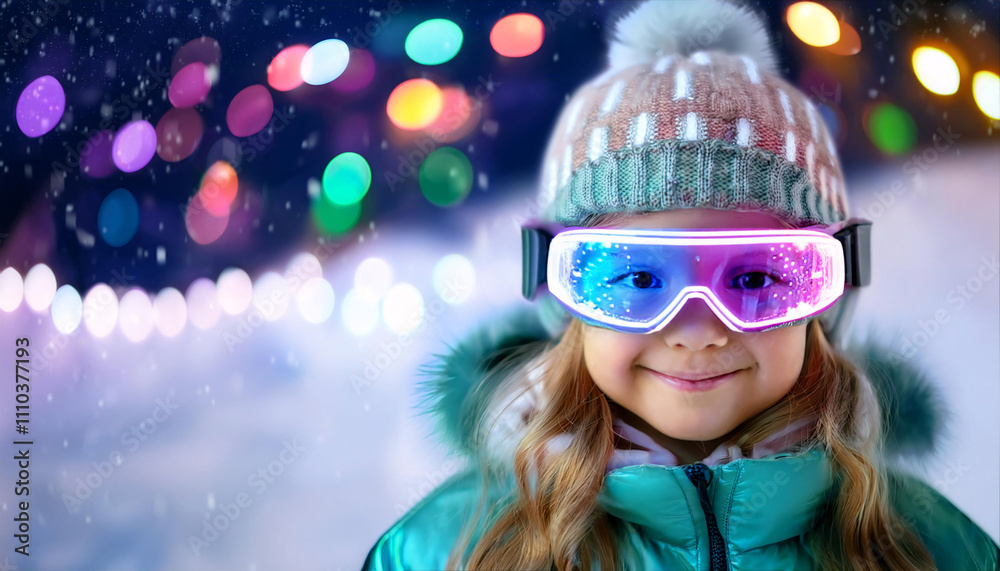 Child wearing glowing LED snow goggles in a vibrant neon landscape during a festive winter evening Child wearing glowing LED snow goggles in a vibrant neon landscape during a festive winter evening
