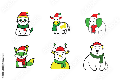 A festive list of 6 Christmas themed animal vector Illustration
