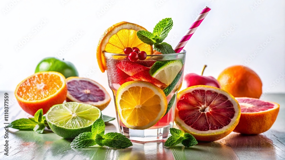 Refreshing Stylized Beverage Glass with Straw and Fruit Slice on a Crisp White Background - Ideal for Summer Themes and Drink Recipes Refreshing Stylized Beverage Glass with Straw and Fruit Slice on a Crisp White Background - Ideal for Summer Themes and Drink Recipes