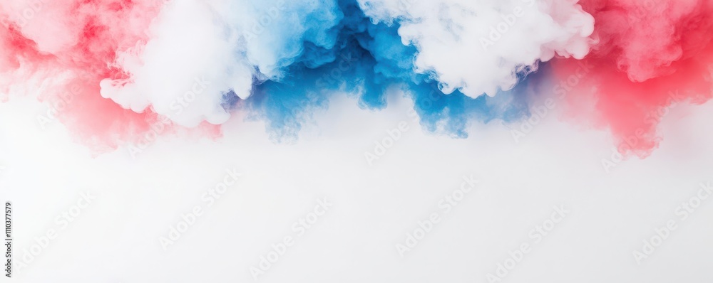 Fototapeta premium A vibrant explosion of red, white, and blue smoke creates a striking visual effect against a white background.