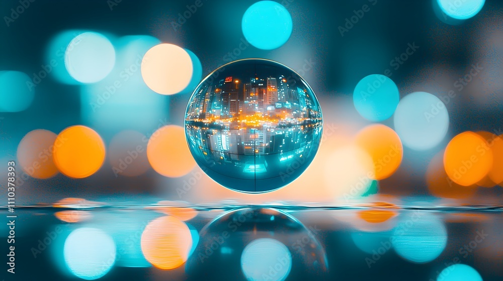 Reflective orb showcasing a vibrant cityscape at night