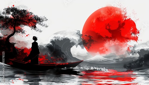 Samurai Warrior Ink Art with Red Sun Illustration
