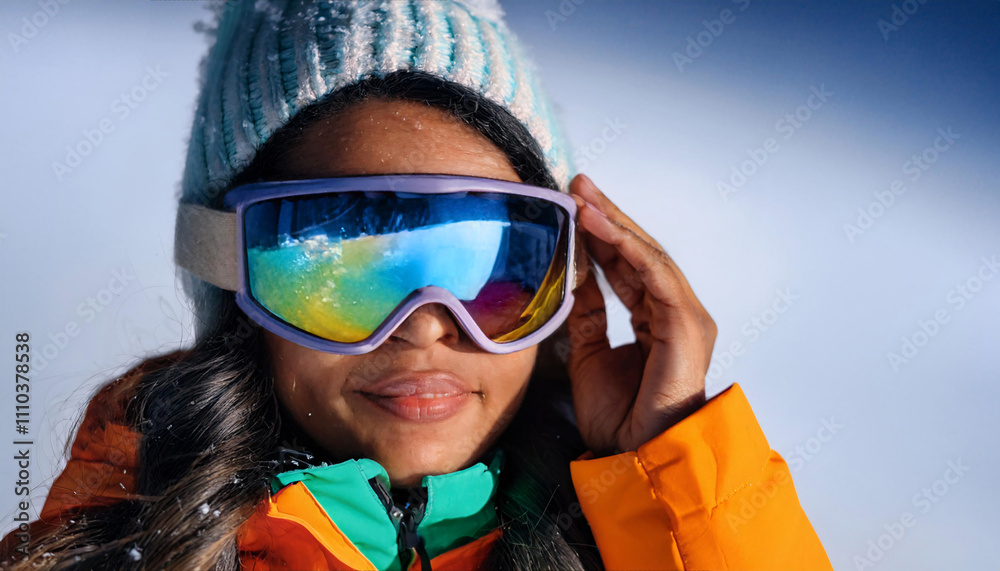 Serious South American girl in reflective ski goggles enjoys a bright winter day on the slopes, surrounded by snowy scenery Serious South American girl in reflective ski goggles enjoys a bright winter day on the slopes, surrounded by snowy scenery