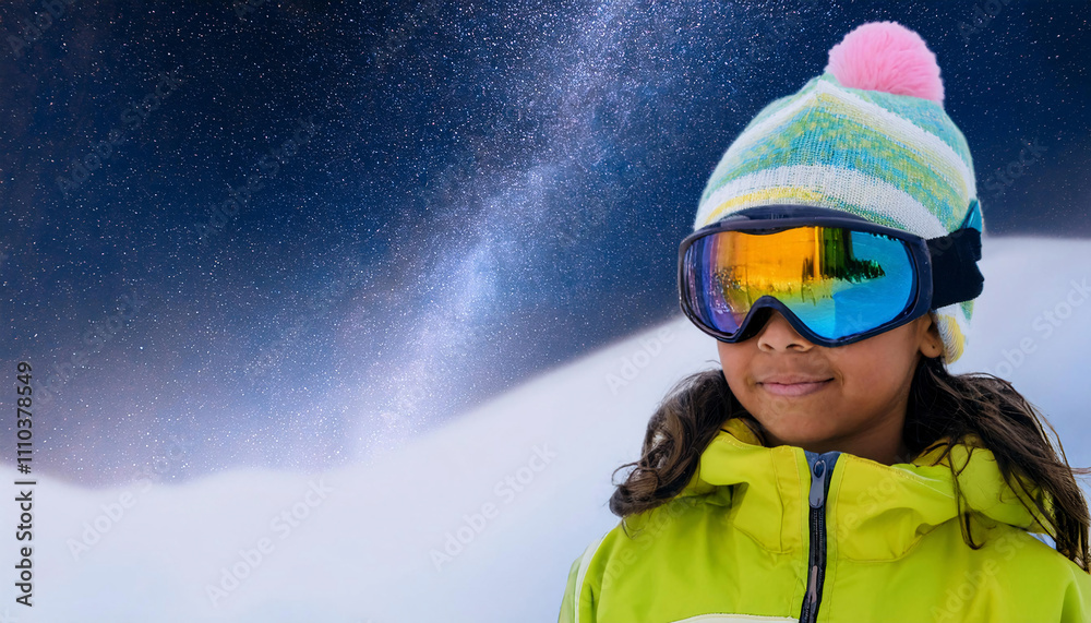 Serious South American girl wearing reflective ski goggles stands in snowy landscape under a starry night Serious South American girl wearing reflective ski goggles stands in snowy landscape under a starry night