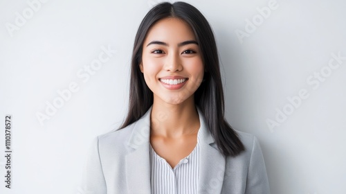 A beautiful Japanese woman in her early to mid-20s with straight hair, smiling and looking directly at the camera against a white background. She is wearing business casual attire of light gray color,